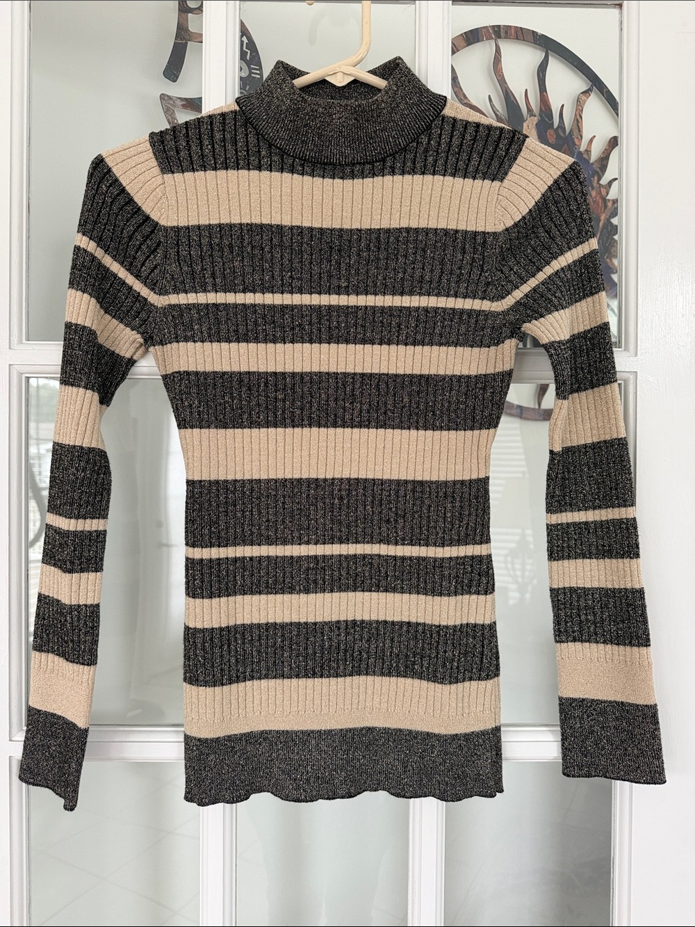 5/$20 Questions Petites size MP mock turtleneck in metallic gray & ivory stripes